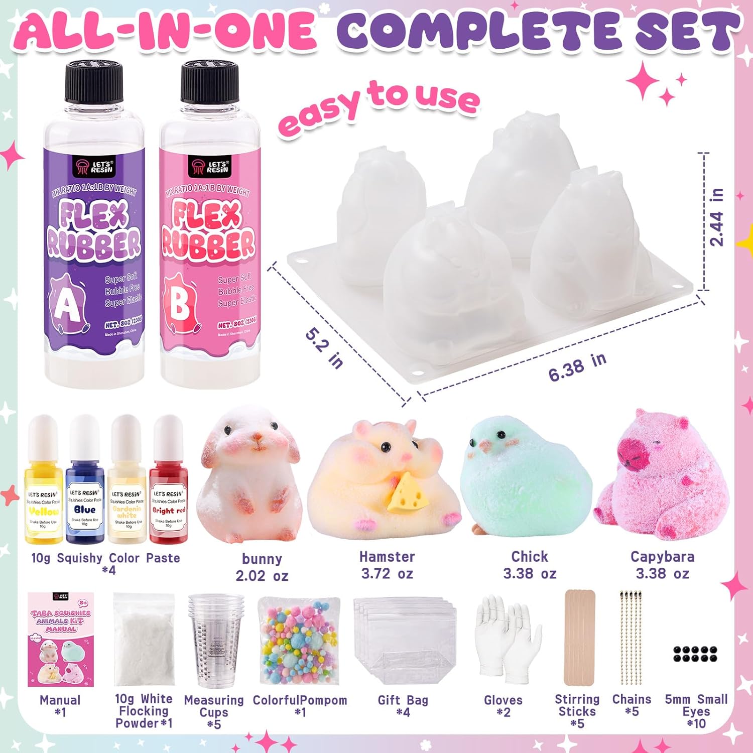LET'S RESIN Flex Rubber for Taba Squishy Kit. All-in-one Beginner Kit for Squishy Maker. with 16oz Silicone Gel. Hamster/Capybara/Rabbit/Chick Silicone Molds. Color Paste. Flocking Powder. Ideal Gifts - Image 2
