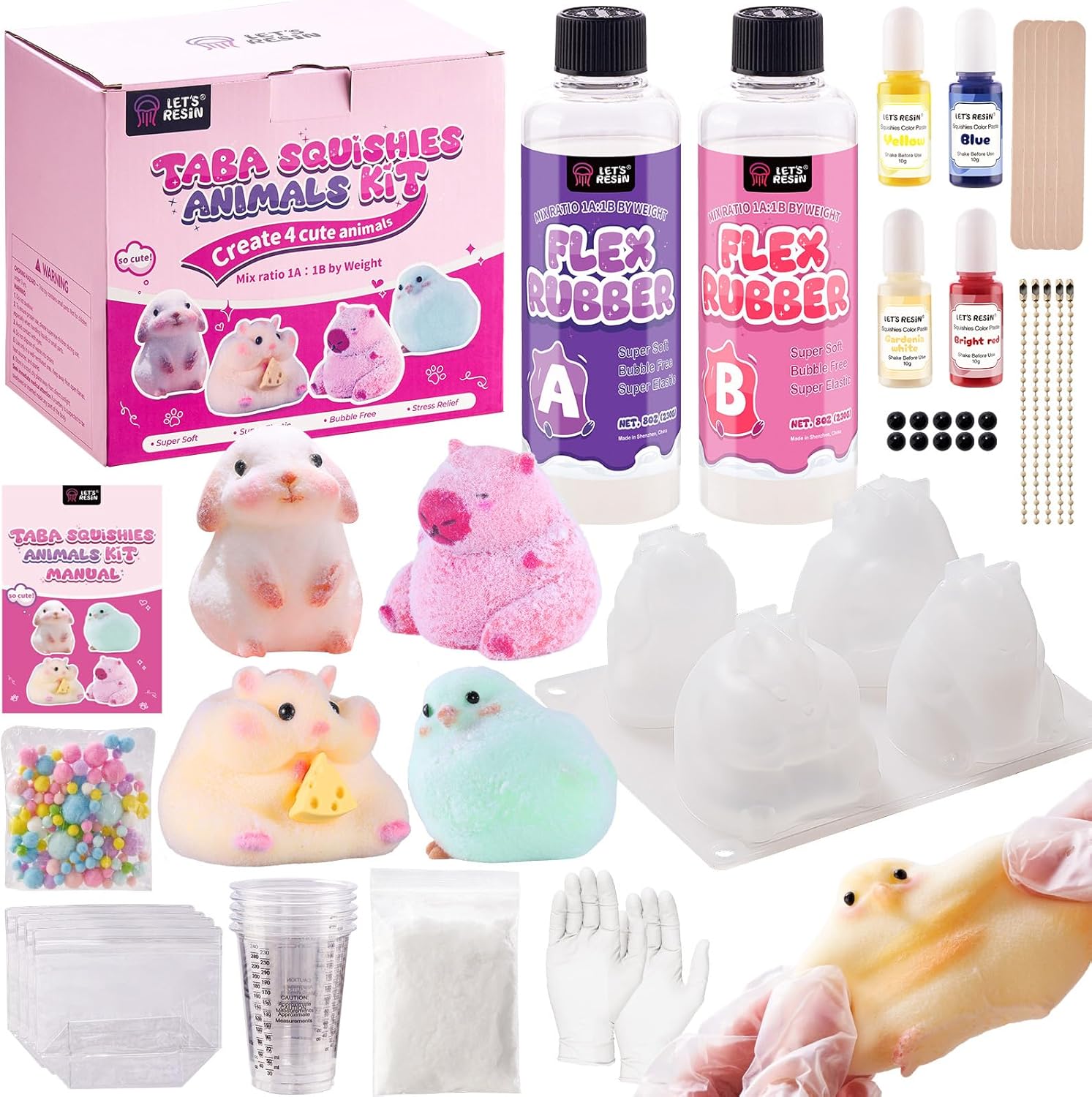 LET'S RESIN Flex Rubber for Taba Squishy Kit. All-in-one Beginner Kit for Squishy Maker. with 16oz Silicone Gel. Hamster/Capybara/Rabbit/Chick Silicone Molds. Color Paste. Flocking Powder. Ideal Gifts